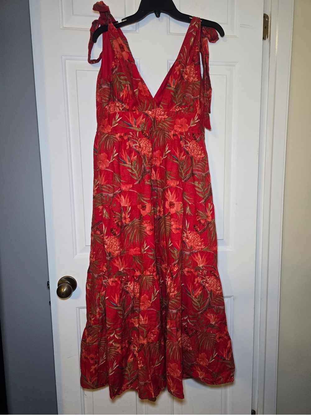 House of Harlow Red Hawaiian Floral V-Neck Tie Strap Midi Dress MEDIUM Linen